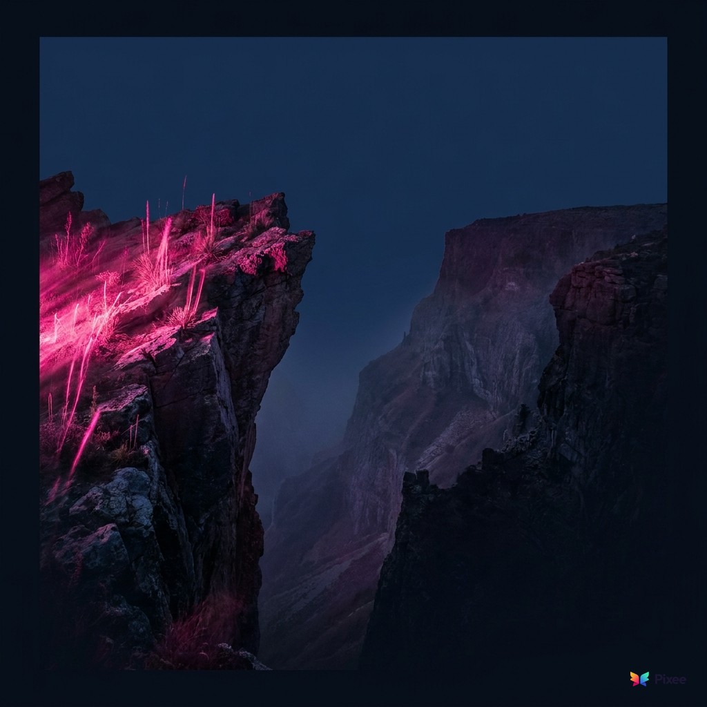 Two cliff edges with a widening chasm between them — the left edge glowing pink with luminous flora rising upward, the right edge dark and falling away into shadow, on a dark navy sky
