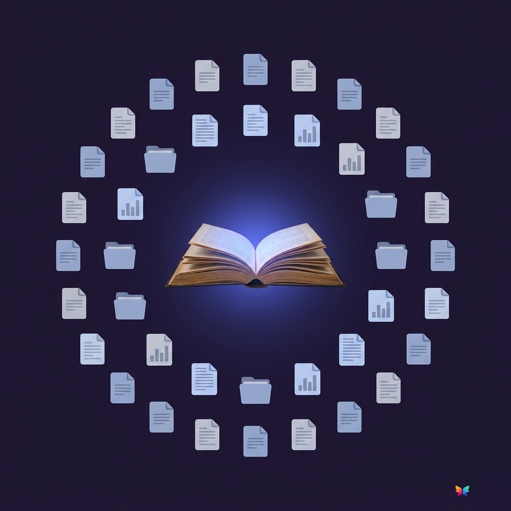 An open book at center, glowing softly, surrounded by document and folder icons arranged in a circular halo, on a deep navy background