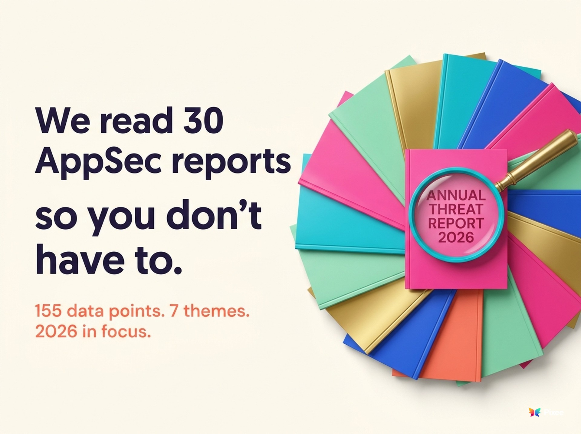 Fan of 18 colorful annual security report booklets with a cyan magnifying glass on the central pink book showing Annual Threat Report 2026 — visual hook for Pixees 30-report meta-analysis
