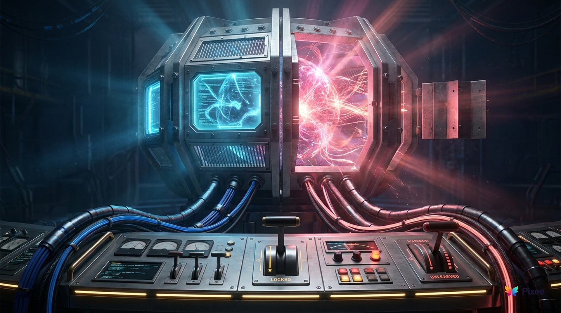 Split containment cage holding a glowing AI core: Claude Fable 5 locked and safeguarded on one side, Mythos 5 unleashed on the other, both wired down to a control harness console
