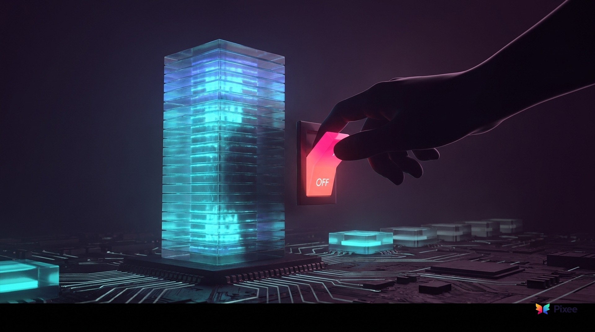 A shadowed hand reaches in to flip a glowing red OFF switch on a luminous AI core, cutting its power