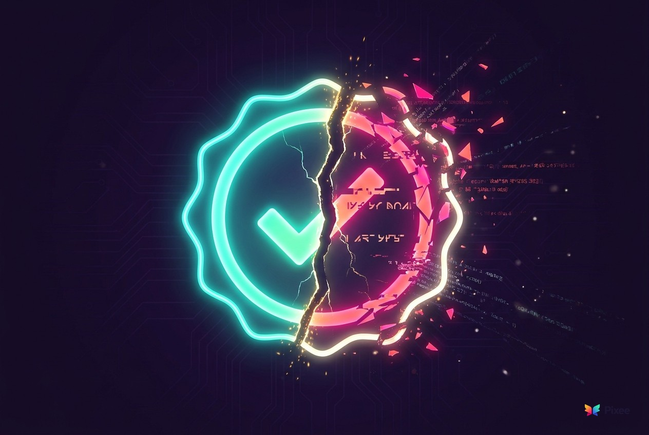 A glowing verification seal cracking apart, half a verified checkmark and half breaking into corrupted glitch fragments and code