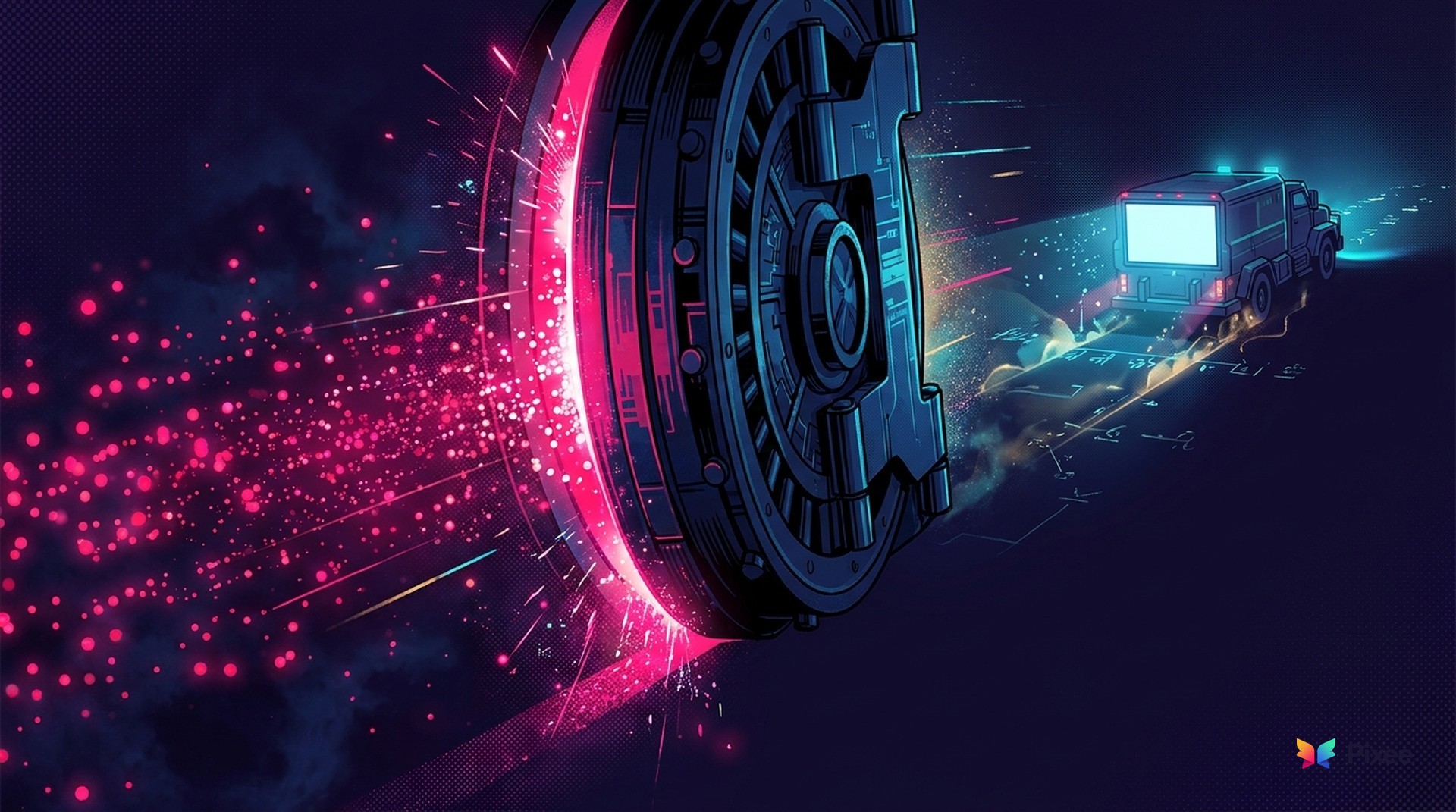 A vault door slamming shut as red exploits pour through the closing gap while a patch truck lags behind