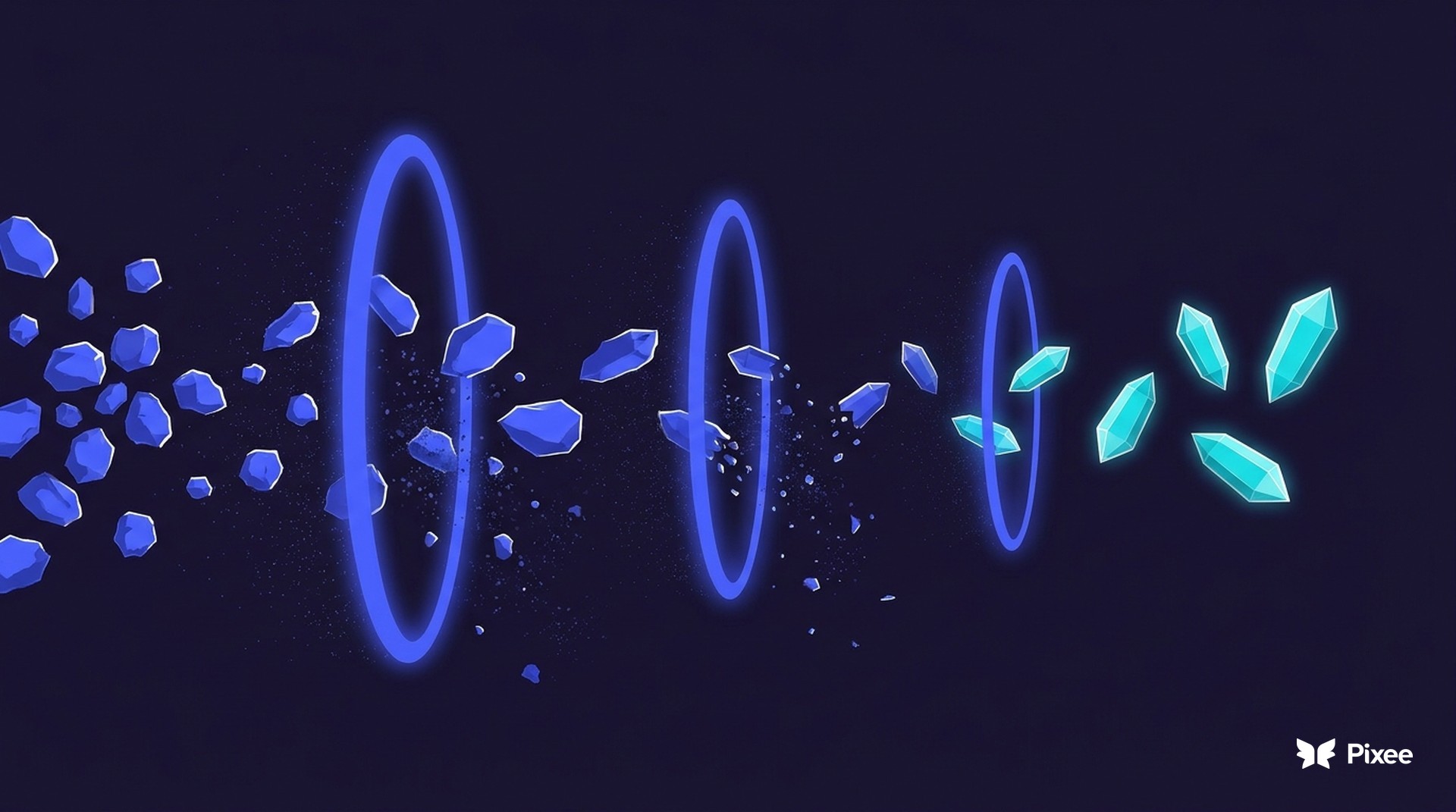 Rough crystal shards narrowing through three glowing validation gates, emerging as clean faceted crystals
