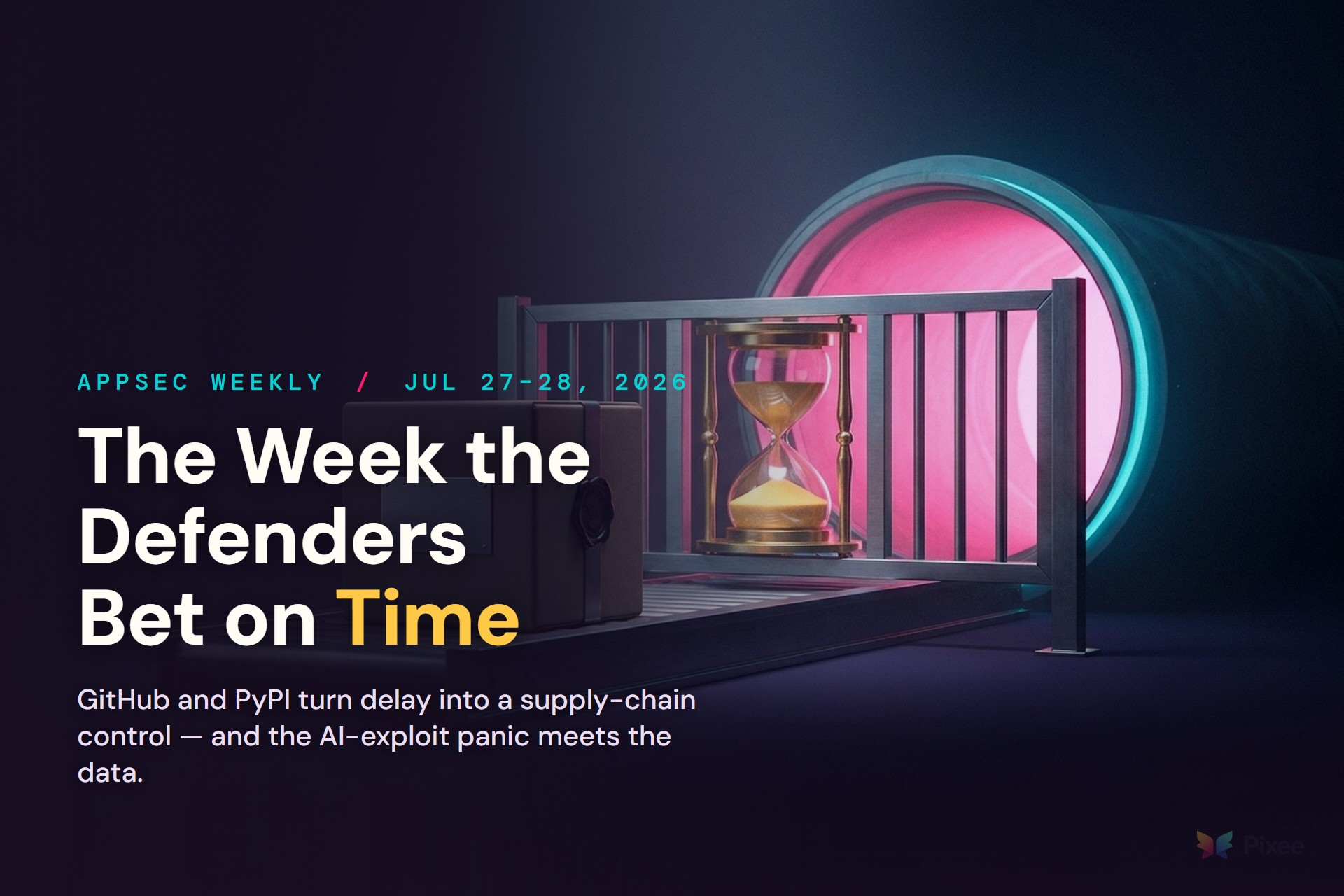 A sealed software package held on a conveyor by an hourglass-locked gate before a glowing CI/CD pipeline, illustrating GitHub and PyPI using time as a supply-chain security control.
