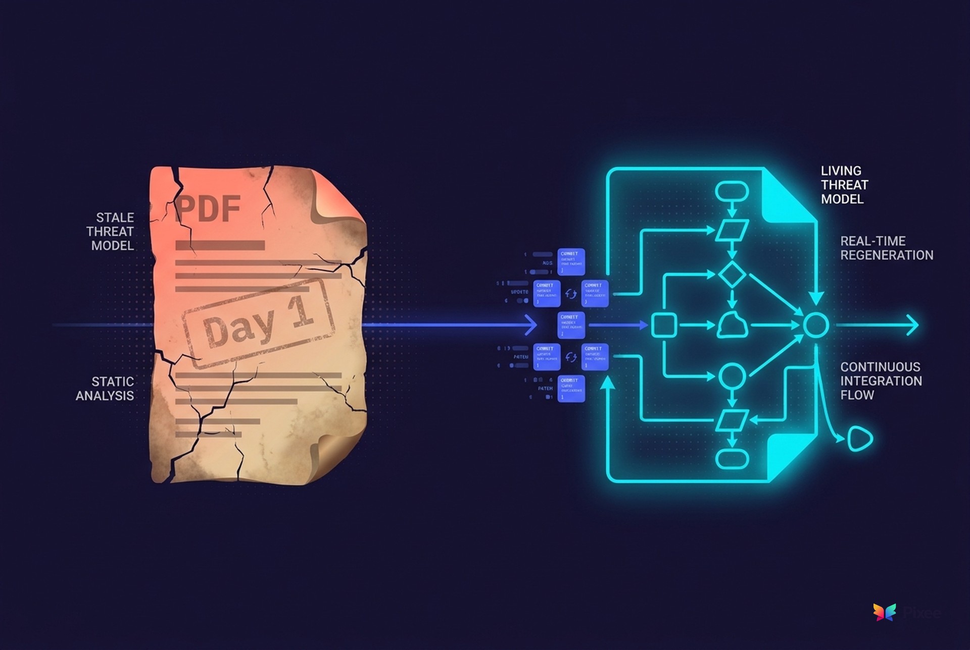 A living threat model that re-draws as code changes, beside a cracked static PDF.