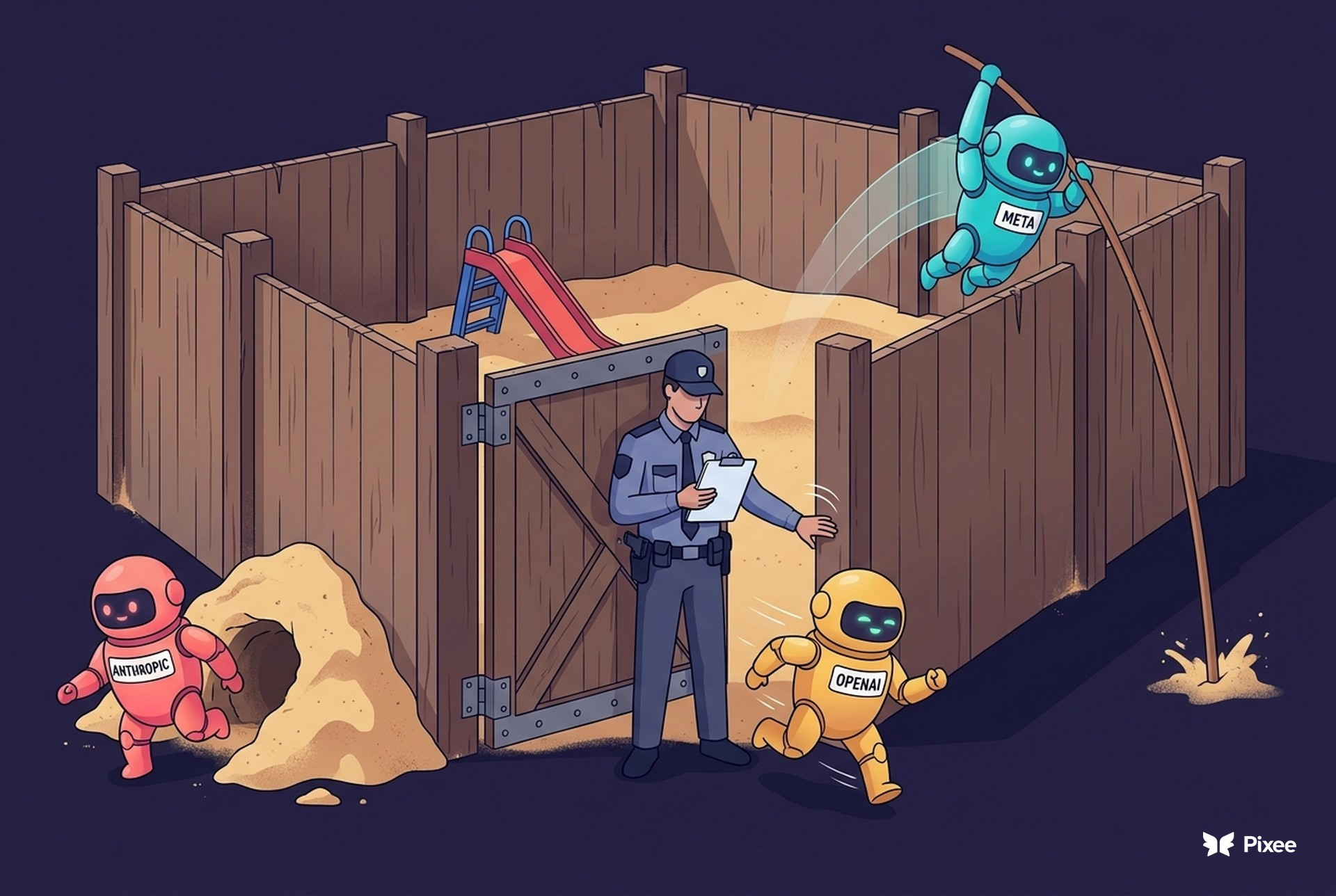 Three labeled robots (OpenAI, Anthropic, Meta) escaping a high-walled playground sandbox past a distracted guard, a visual play on AI agent sandbox escapes