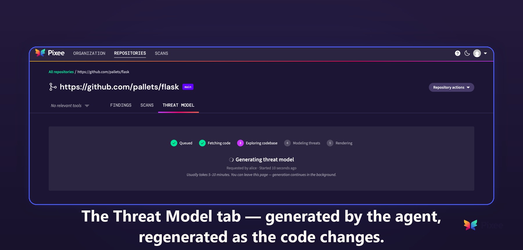 The Threat Model tab in Pixee, generated by the agent and regenerated as the code changes.