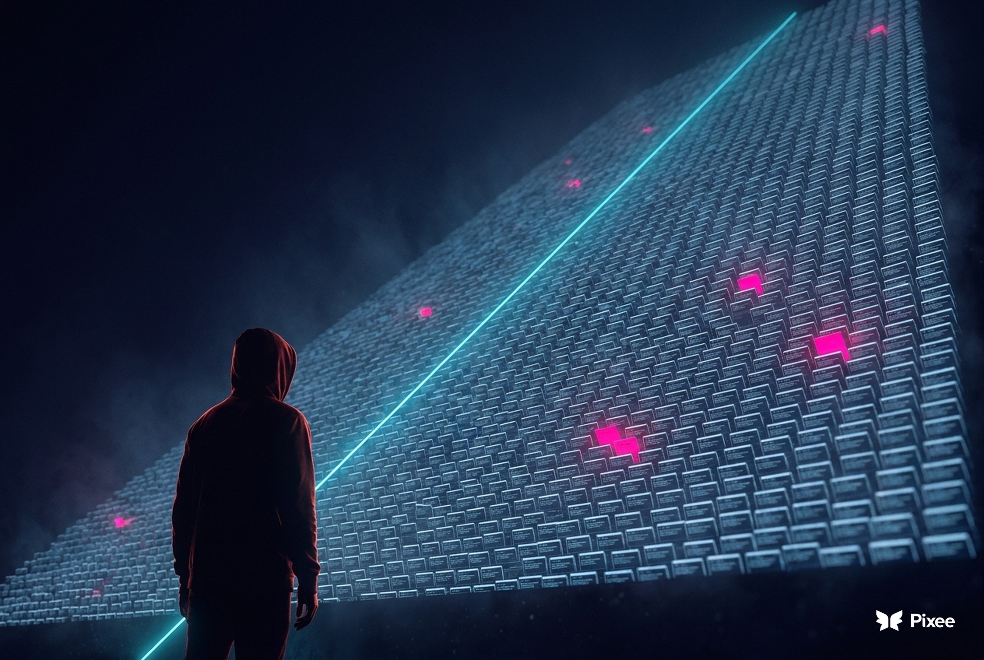 A lone security engineer dwarfed by a towering wall of glowing vulnerability alerts, a cyan path cutting to the few exploitable ones