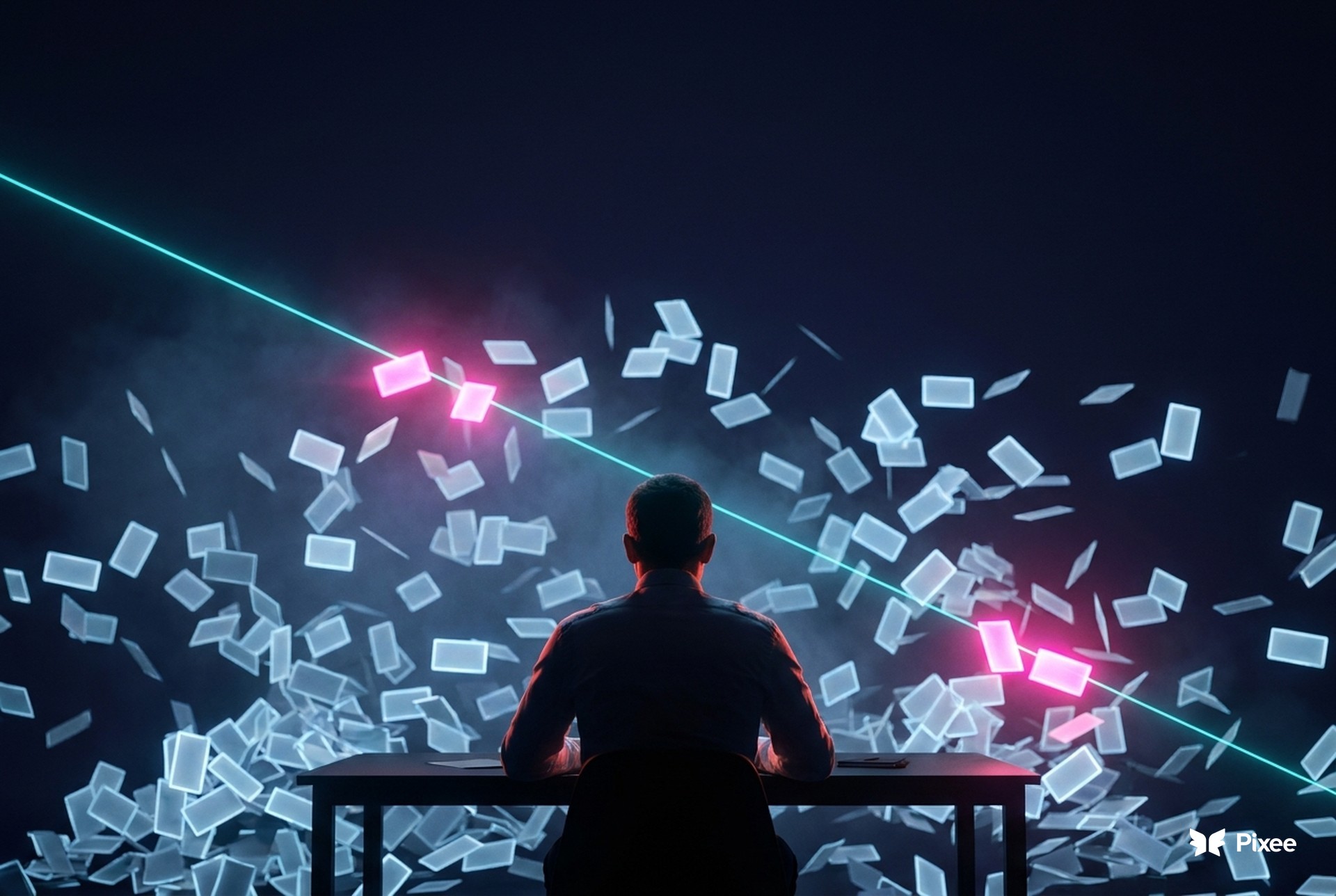 A security analyst at a desk engulfed by a blizzard of glowing alert cards, with a cyan beam of light isolating the few real ones.