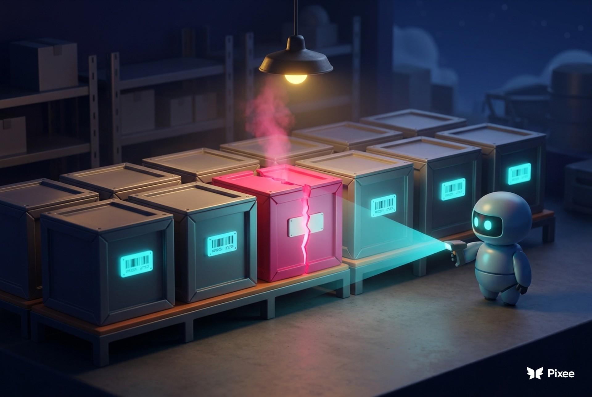 Isometric warehouse aisle at night: rows of labelled crates scanned in cyan, with one cracked crate glowing pink and its label plate blank