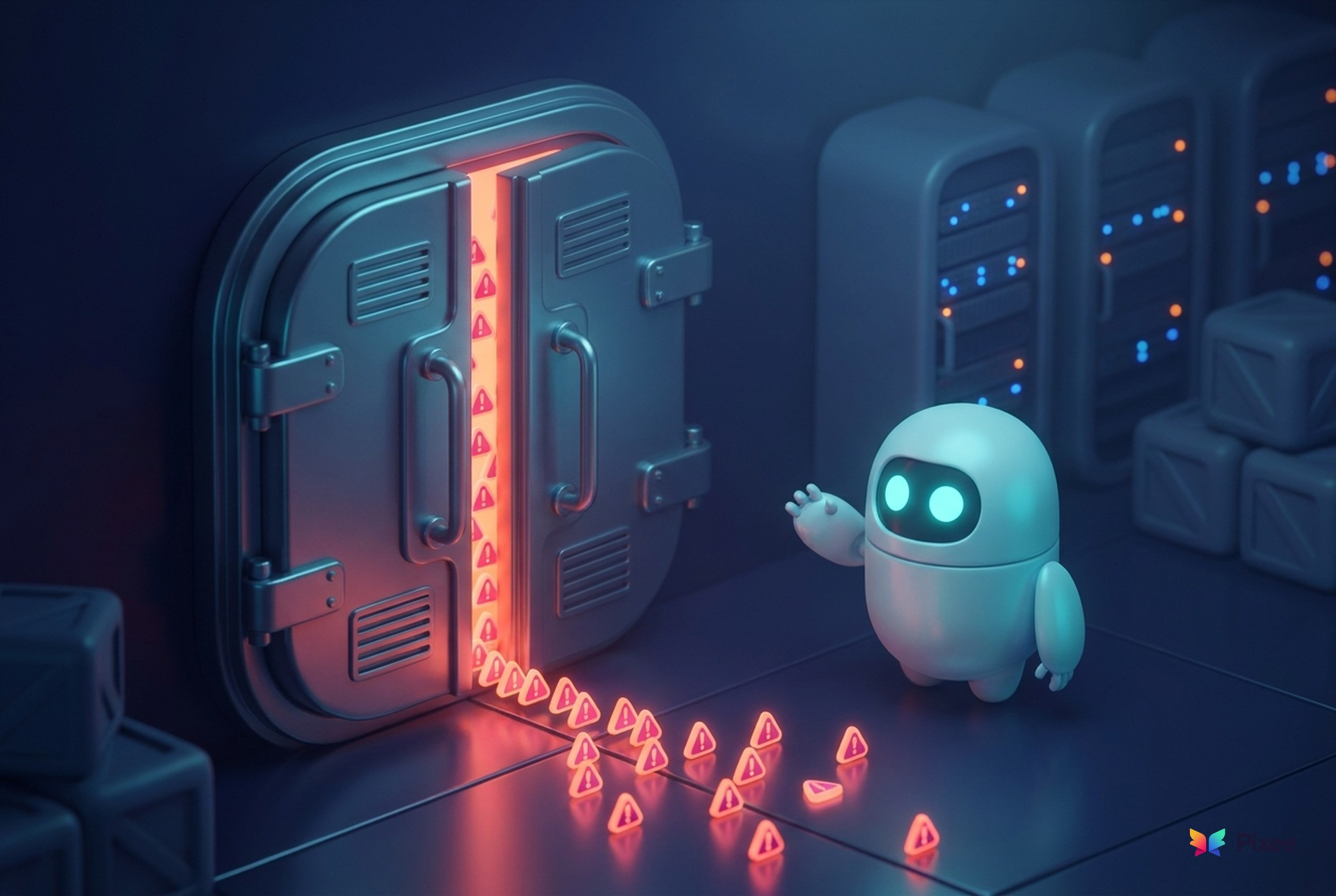 Isometric render of a heavy vault gateway door sliding shut with red warning markers streaming through the last narrowing gap toward the Pixee robot