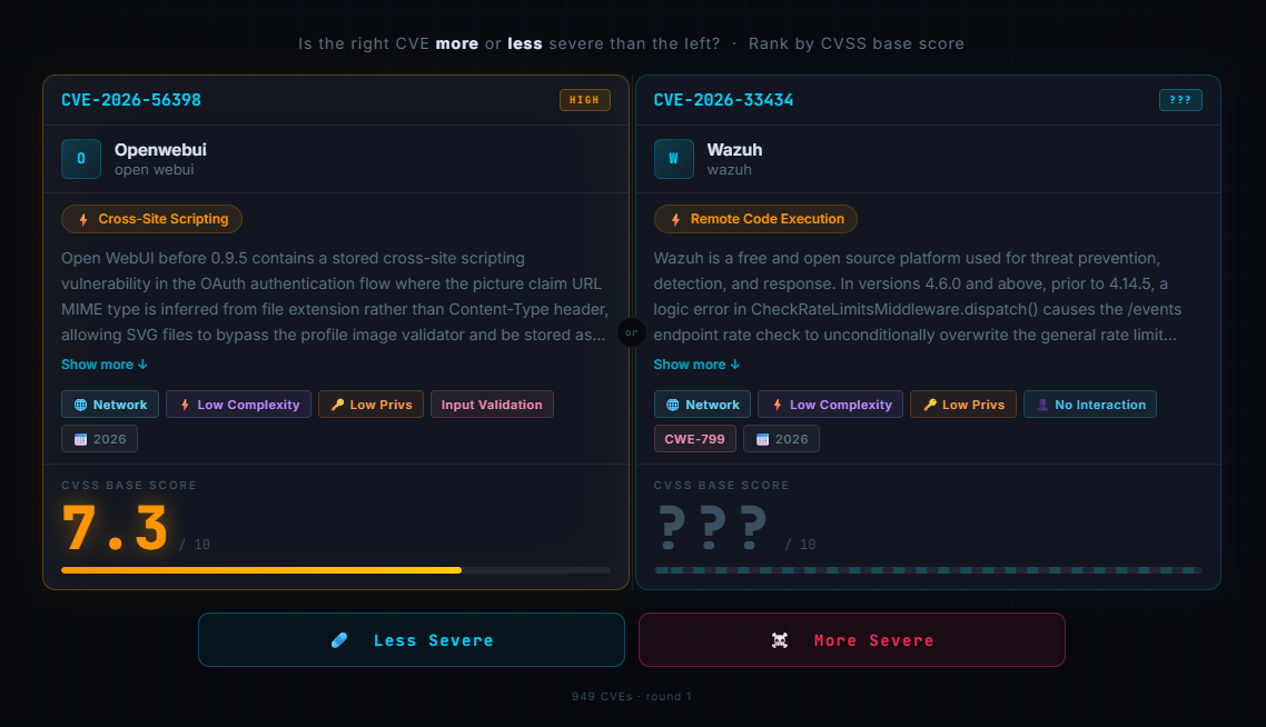 Patch or Panic at cve.wiki: two real CVEs side by side, guess which scores higher on CVSS