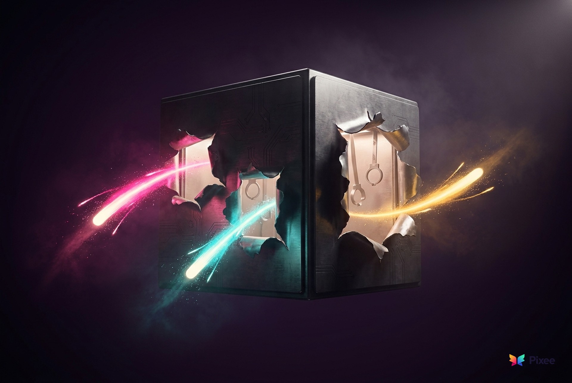 A sealed armored containment cube breached in three places, three colored light streams escaping, interior empty