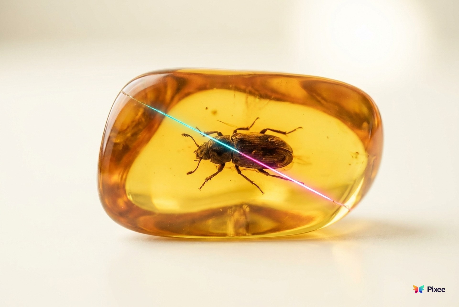A beetle preserved in amber with a fresh crack reaching it, a bug that sat undiscovered for twelve years