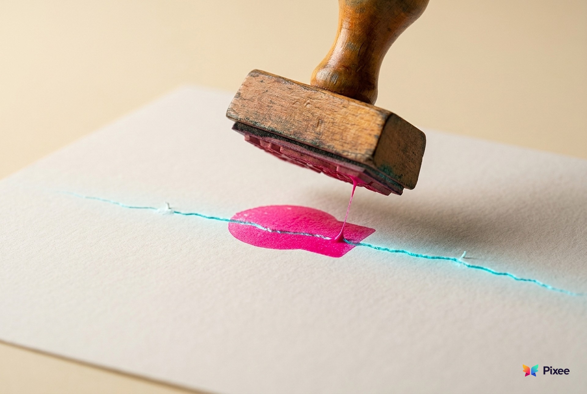 A rubber date stamp lifted from a sheet of paper, a fresh pink ink mark below it, and a fine crack running straight through the mark and past it