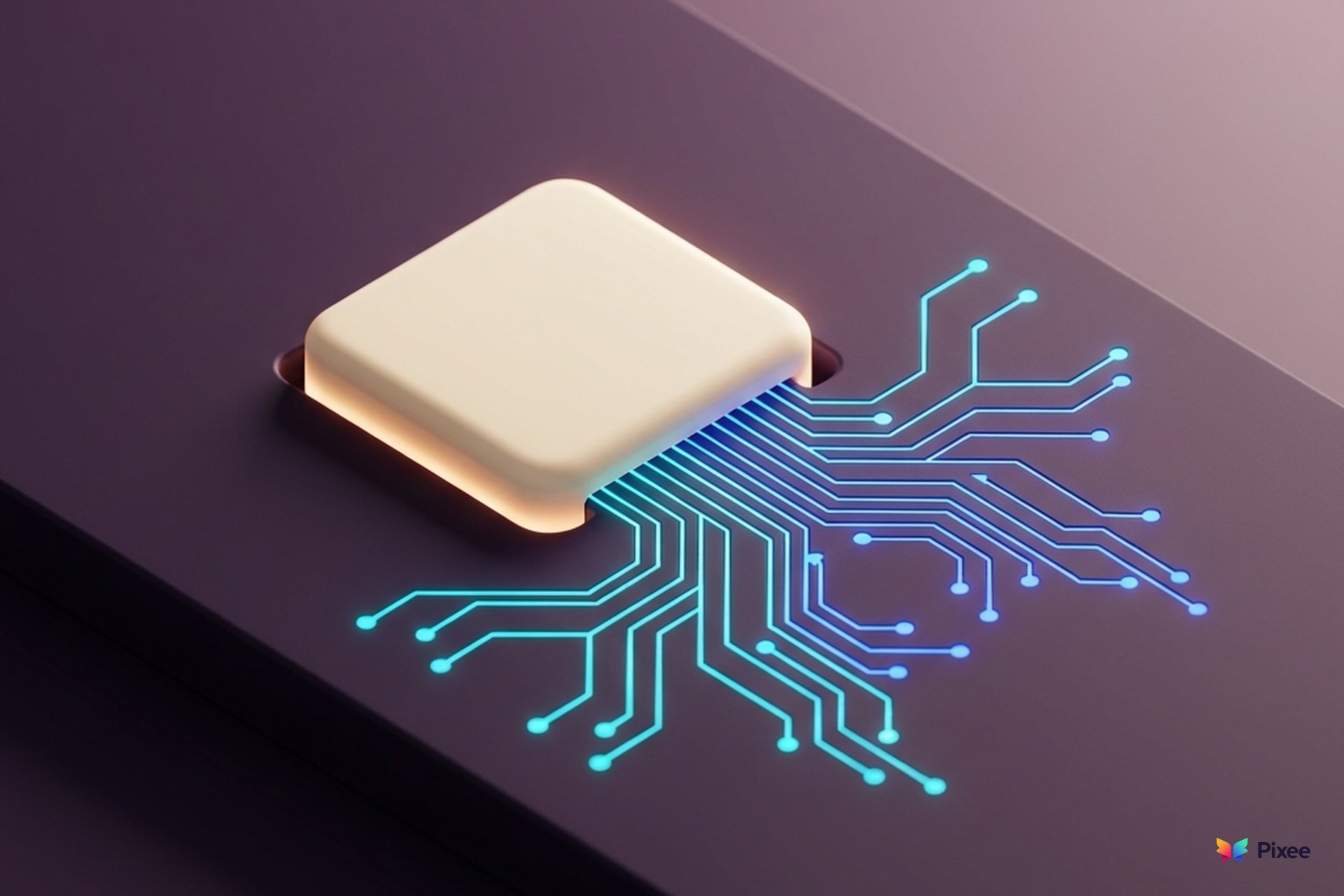 A cream module plugged into a dark console, with glowing circuit traces spreading out from the port