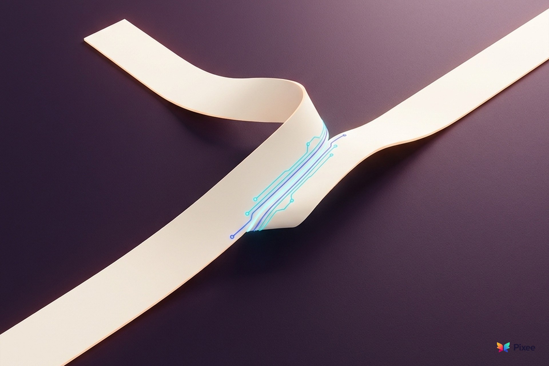 Two cream ribbons merging into one, with glowing circuit lines along the seam