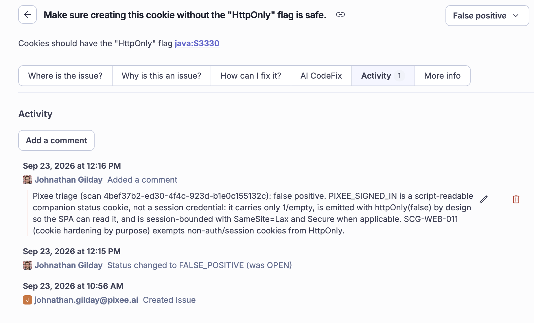 SonarQube issue view showing a false-positive finding closed with a cited Pixee triage justification.