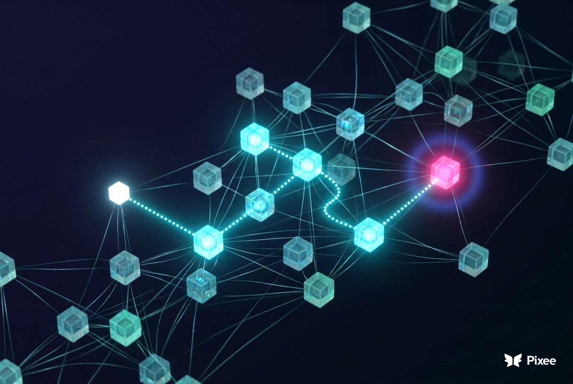 A glowing network of glass cubes with a dotted cyan route from one node to a single pink cube, the vulnerability the search found