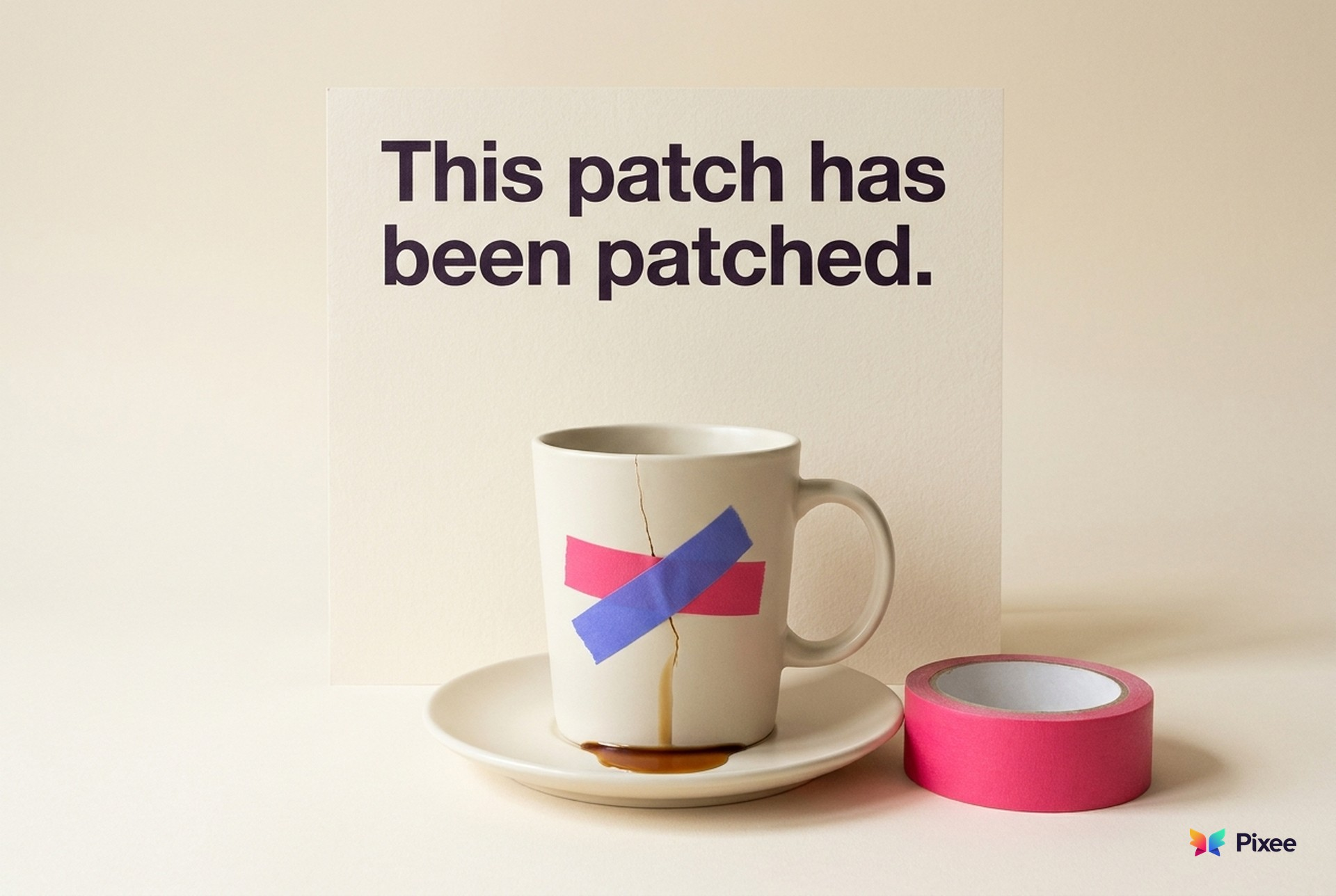 A cracked coffee mug patched with pink tape and a second strip of blue tape over the first, still dripping, in front of a card that reads: This patch has been patched.