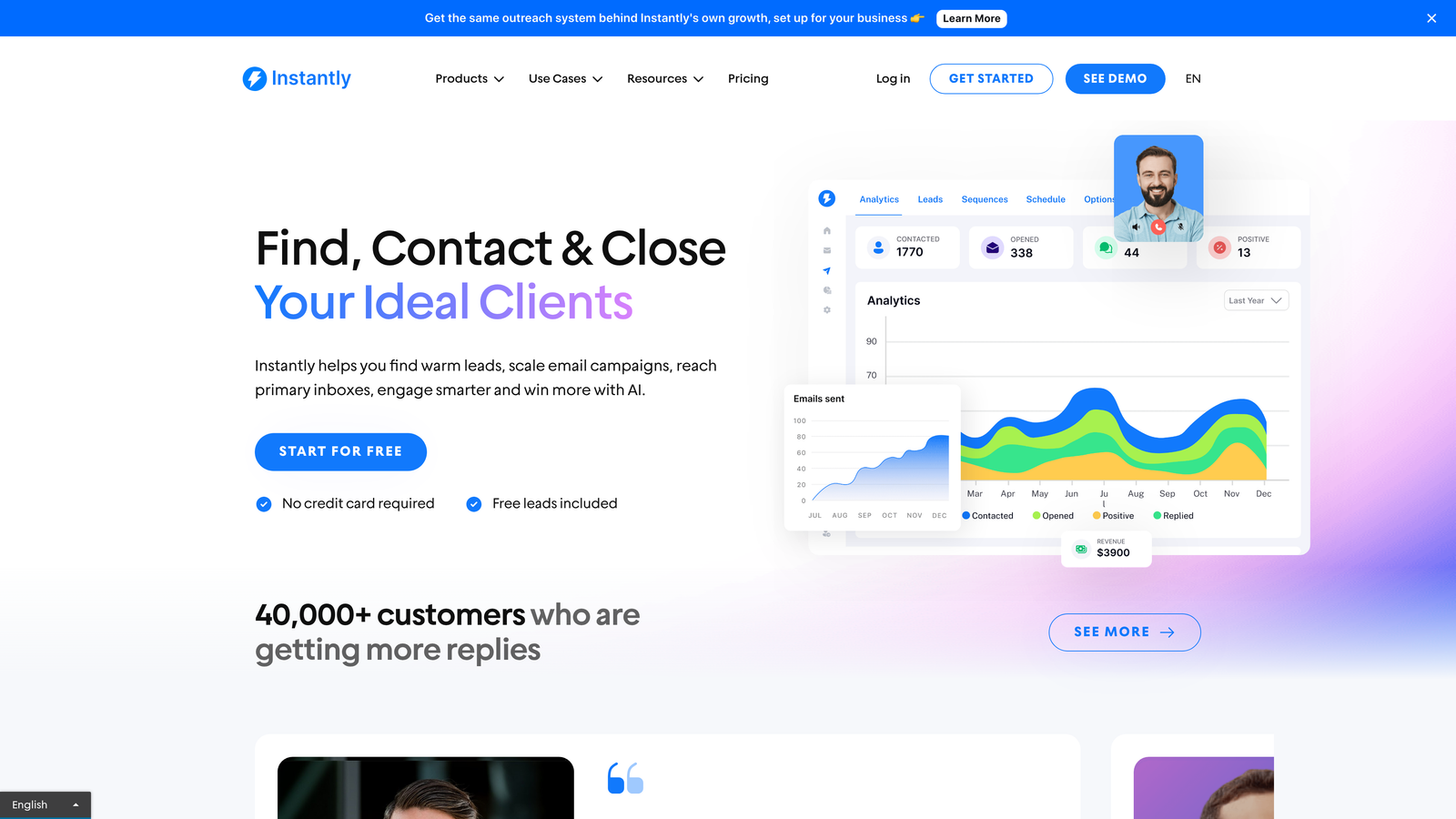 Screenshot of Instantly.ai website homepage