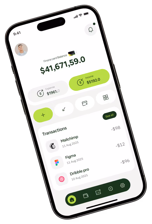Mobile app screen displays Finora card balance of $41,671.59, with income of $5192 and expenses of $1961, plus recent transactions from Mailchimp, Figma, and Dribbble pro.