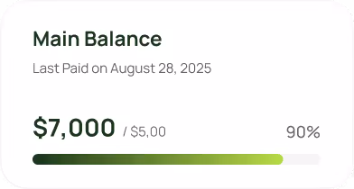 Main balance showing $7,000 paid on August 28, 2025, with a progress bar at 90%.