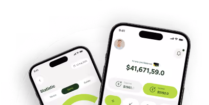 Two smartphones displaying a finance app interface with account balance and statistics charts.