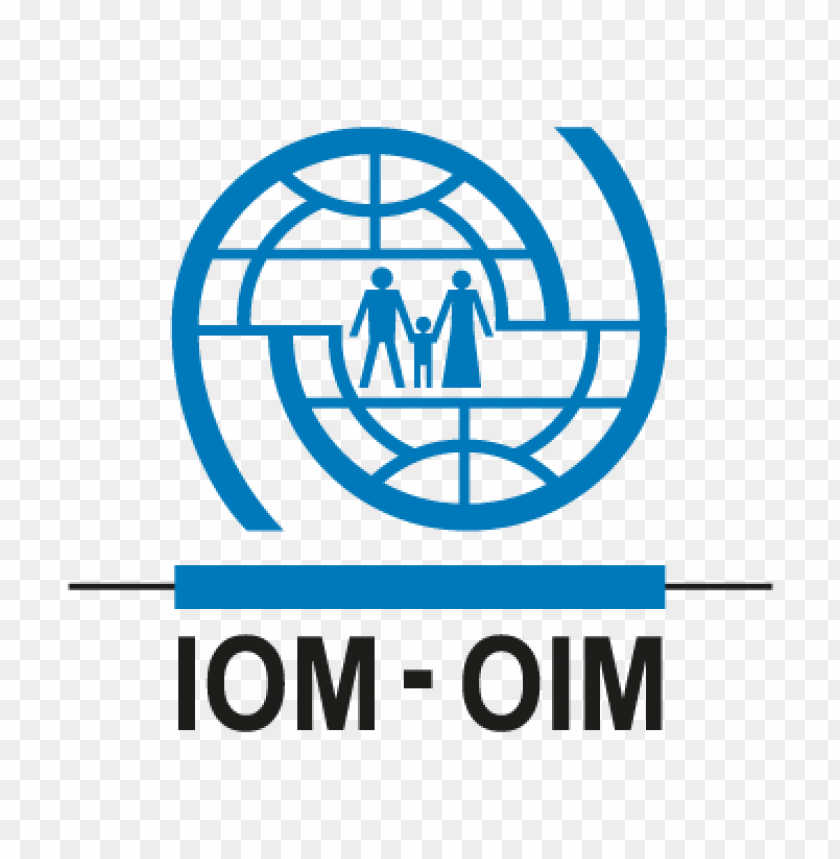 The official emblem of the International Organization for Migration (IOM), showing a stylized globe with human figures. The logo symbolizes migration, global movement, and international cooperation within the United Nations system.