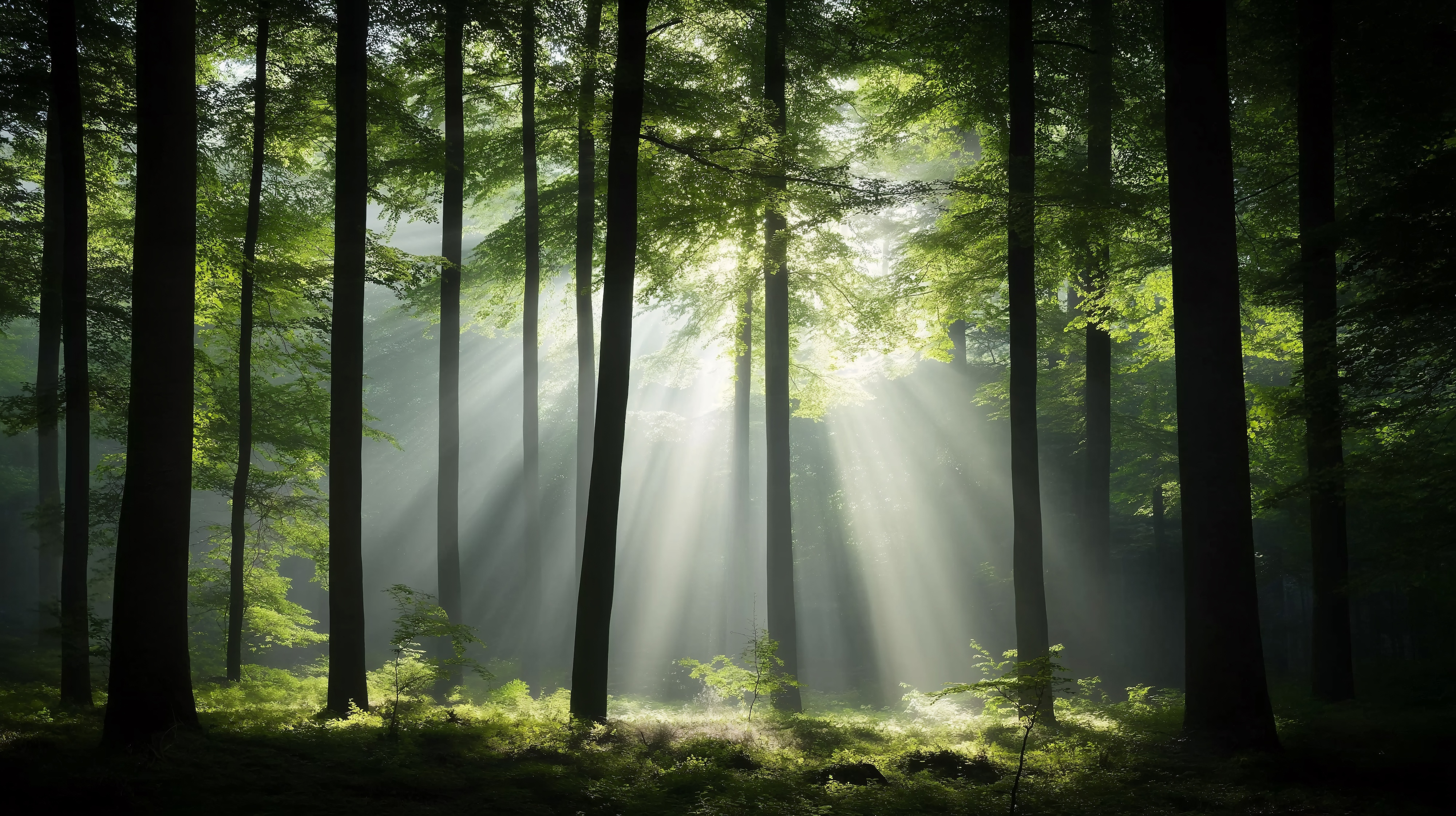 Sunlight shining through a quiet forest, representing EMDR trauma therapy and healing