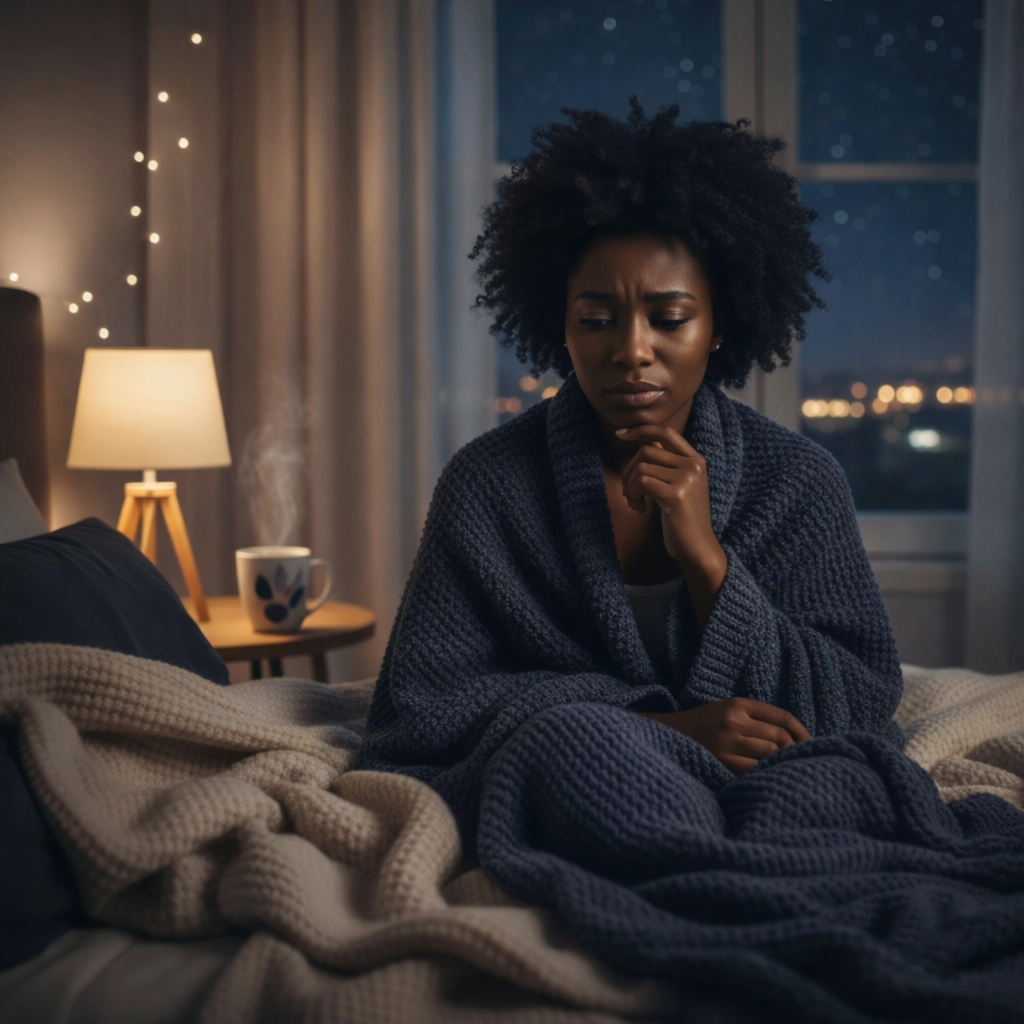 Black woman in bed with blanket looking sad