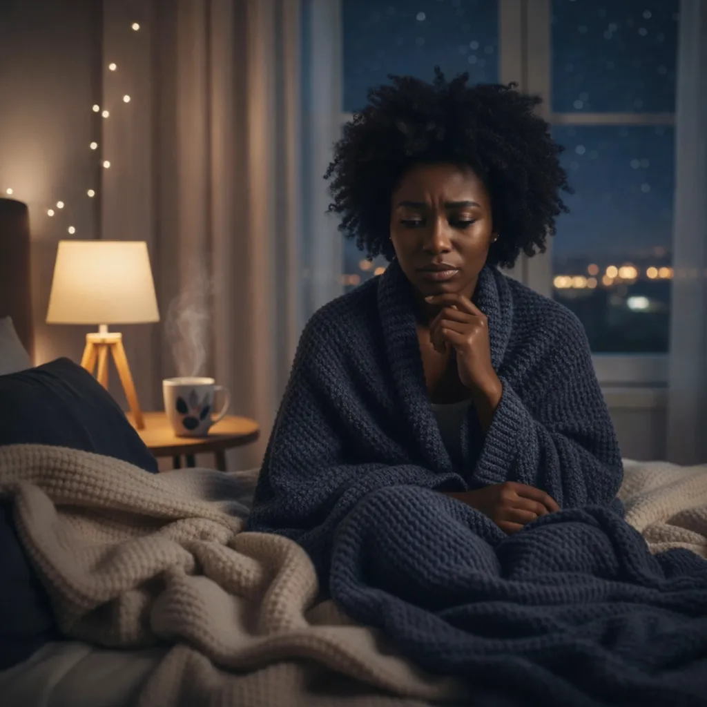 Black woman in bed with blanket looking sad