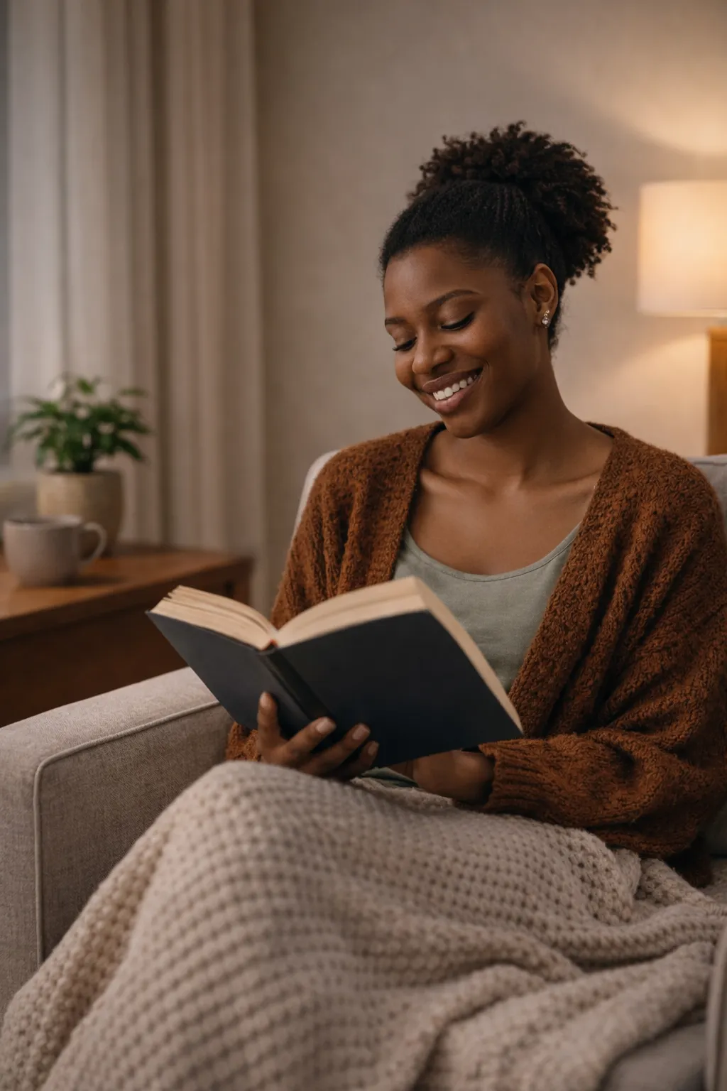 Happy women in comfy chair reading a book
