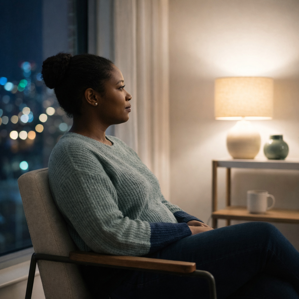 Black woman seated in profile in a modern, softly lit room, looking out a window with calm focus, representing organizational one-on-one support through Grieving Back to Life by the Ayana Thomas Initiative.