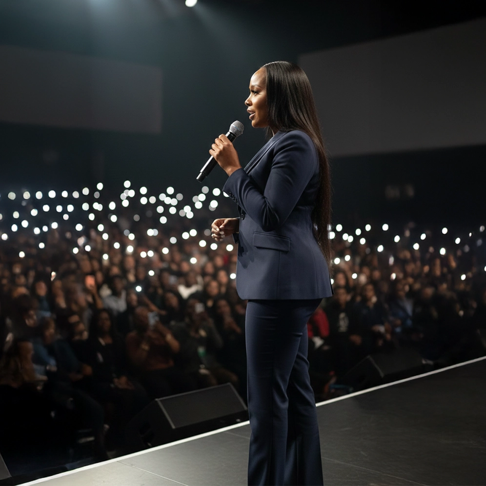 Ayana Thomas speaking on stage in a peach suit, holding a microphone and addressing a large audience, representing professional speaking engagements through Grieving Back to Life by the Ayana Thomas Initiative.