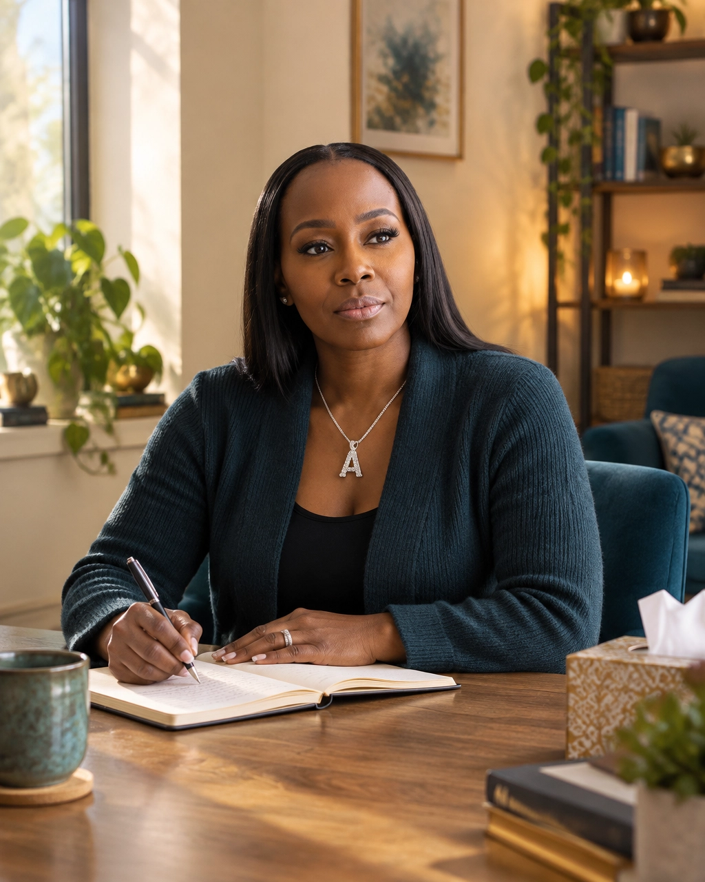 Different Black woman writing in a journal during a grief-healing exercise