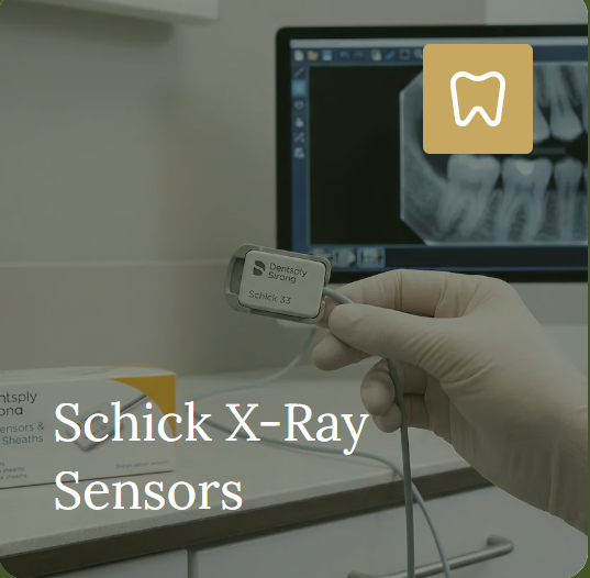 A gloved hand holding a Schick dental X-ray sensor beside a dental image.