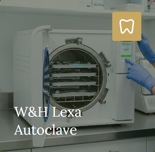 The open chamber and instrument trays of a W&H Lexa autoclave.
