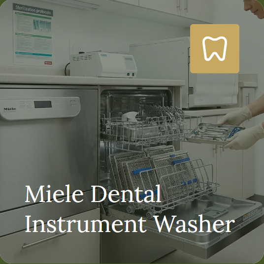 Dental instruments arranged in an open Miele instrument washer.