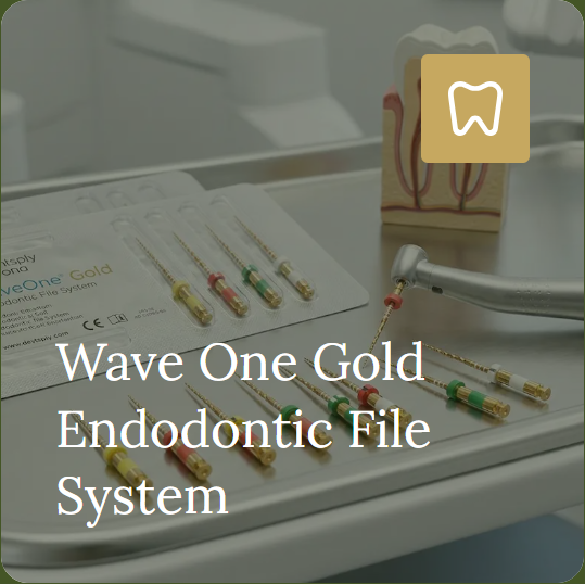 WaveOne Gold endodontic instruments arranged beside a tooth model.