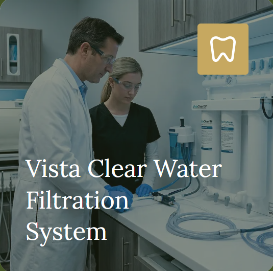 Dental team members beside an operatory water-system setup labelled Vista Clear.
