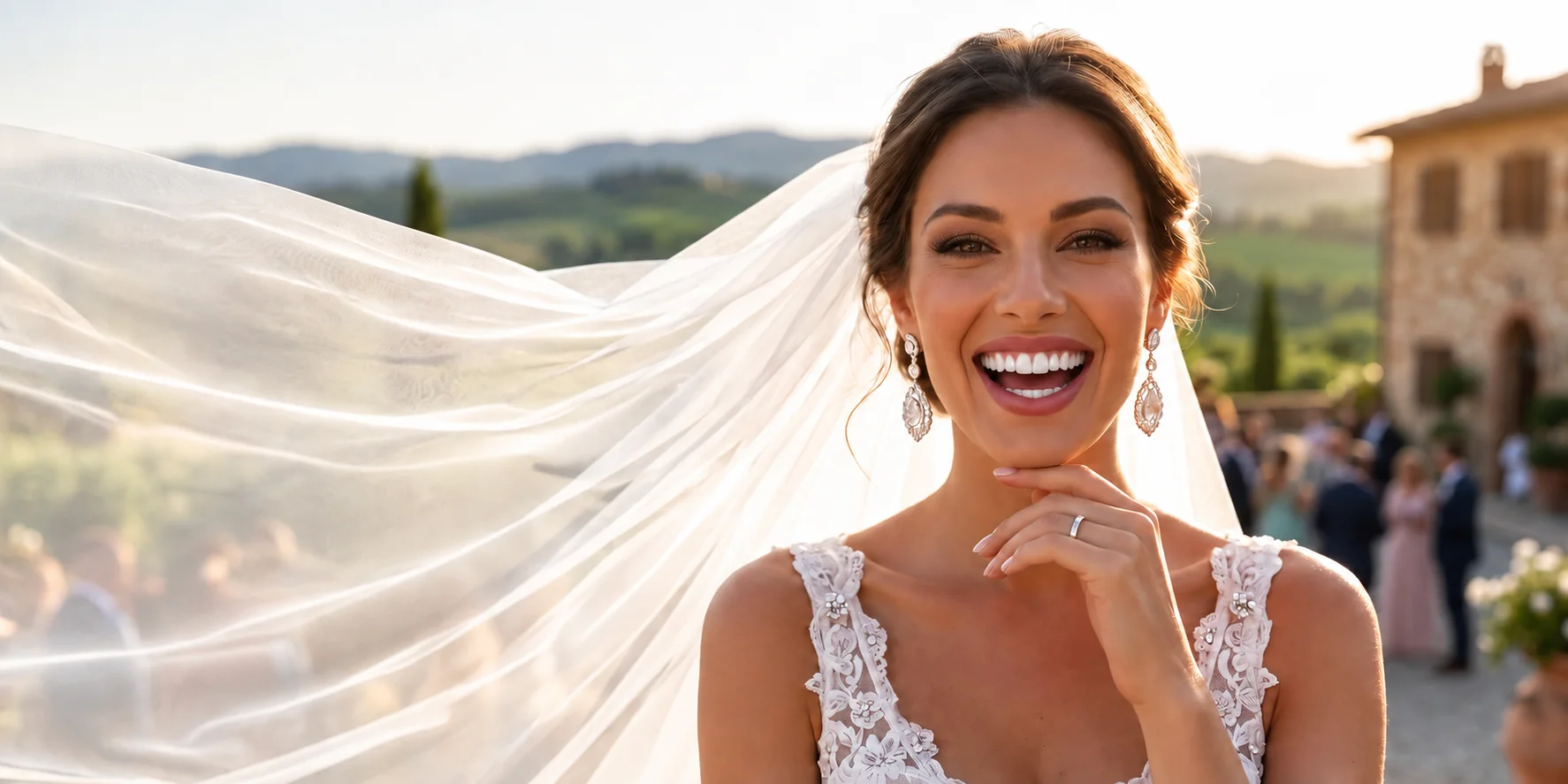 AI-generated illustration of a smiling bride with a flowing veil.
