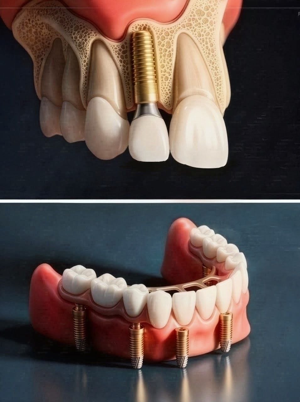 Illustrations of a single-tooth dental implant and an implant-supported full-arch restoration