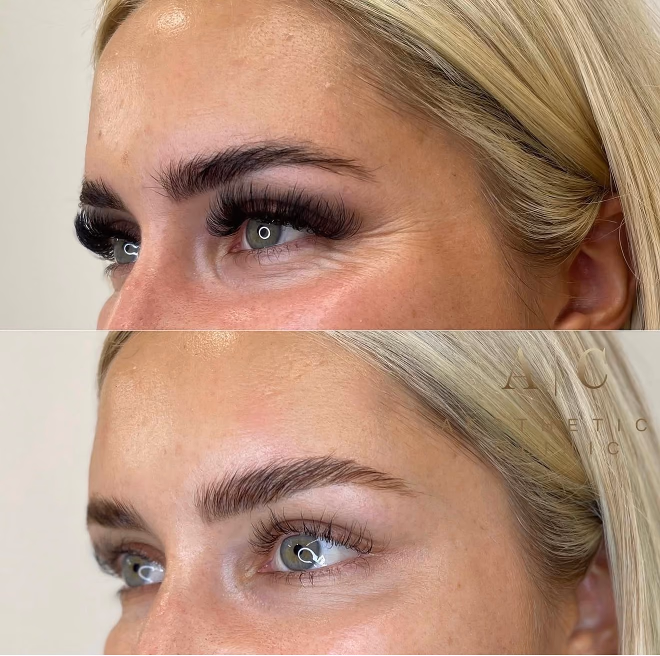 Close-up comparison showing a woman's eyes and eyebrows before and after a beauty treatment: the top image shows dramatic eyelash extensions and fuller eyebrows, while the bottom image shows natural eyelashes and shaped eyebrows, highlighting an aesthetic enhancement.