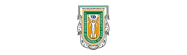 Escudo de la Universidad Autónoma de Baja California con lema 'Por la realización plena del ser'.