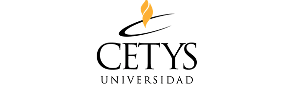 Logo de CETYS Universidad con una llama amarilla estilizada sobre un óvalo negro.