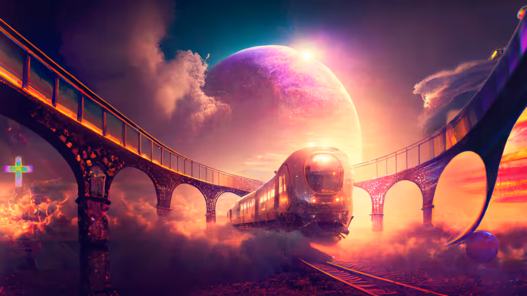 AI generated Futuristic train emerging through the clouds with moon in the background.