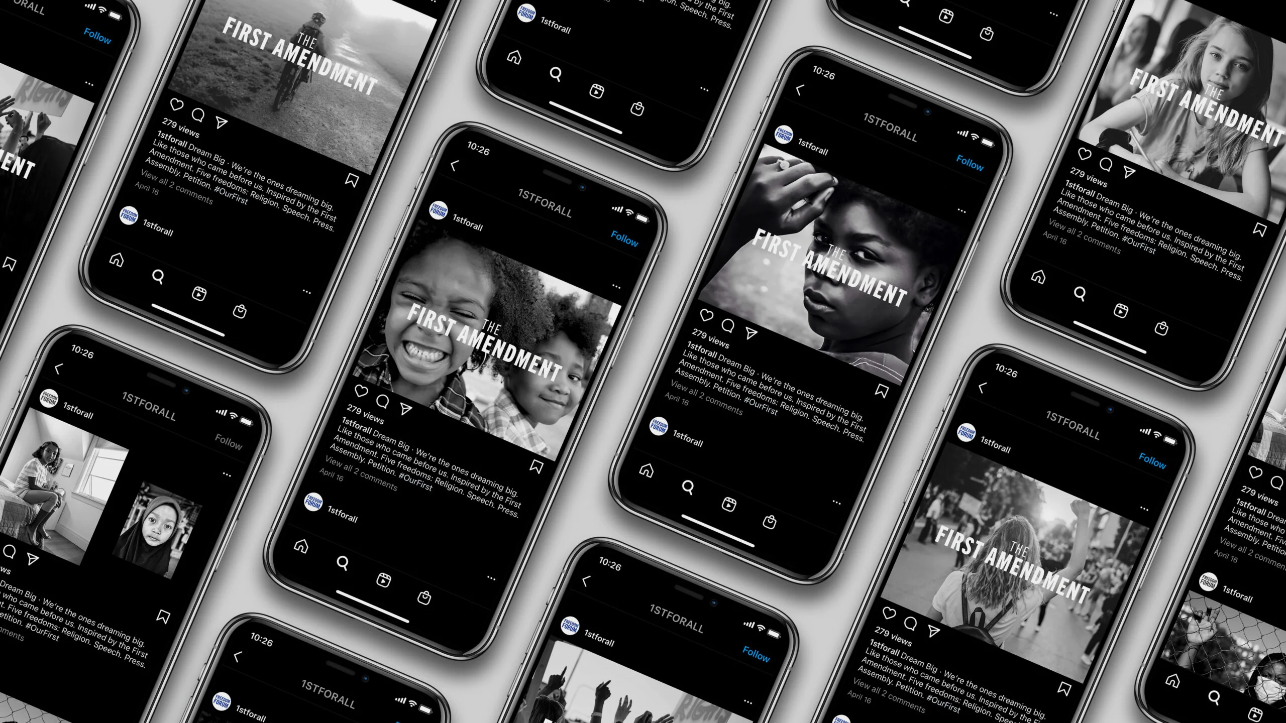 Freedom Forum First Amendment campaign posts displayed across smartphone screens.