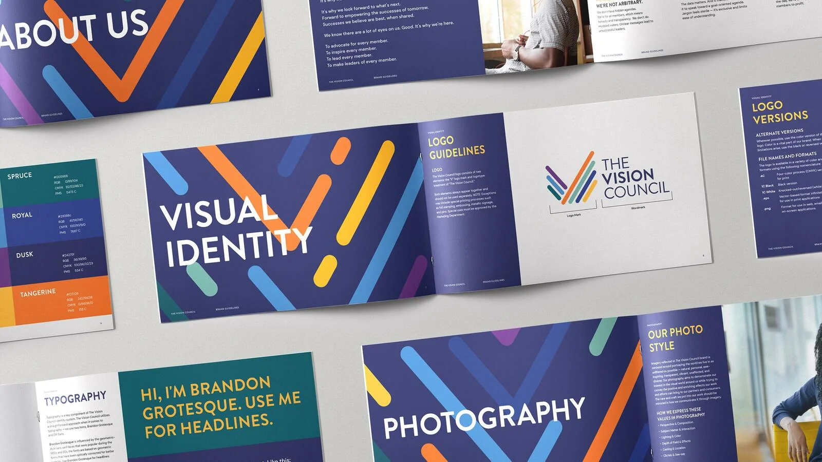 The Vision Council brand guidelines showing visual identity, logo, typography, and photography standards.